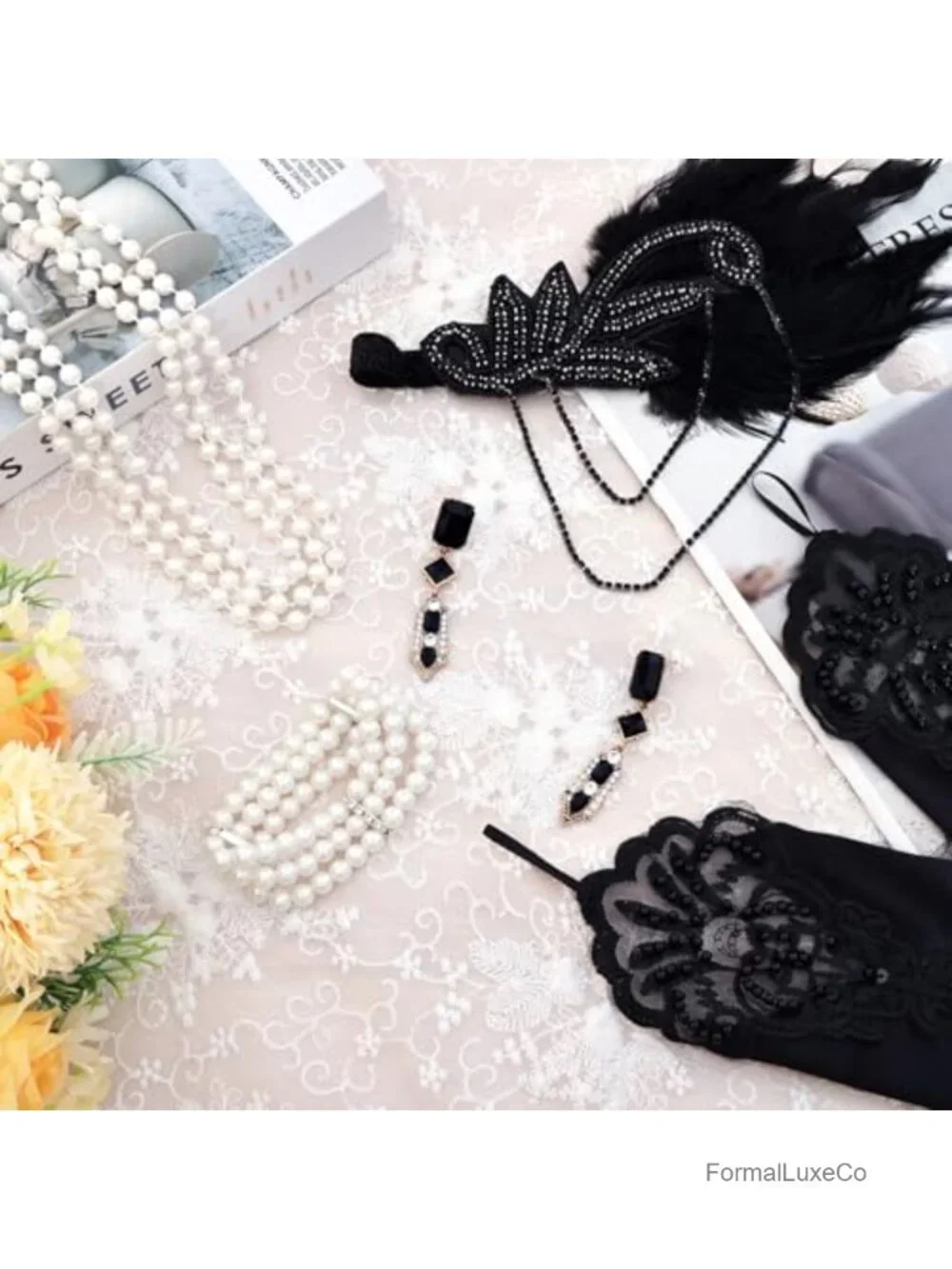 Gatsby Costume Accessory Set Flapper Headband Pearl Necklace Bracelet Gloves